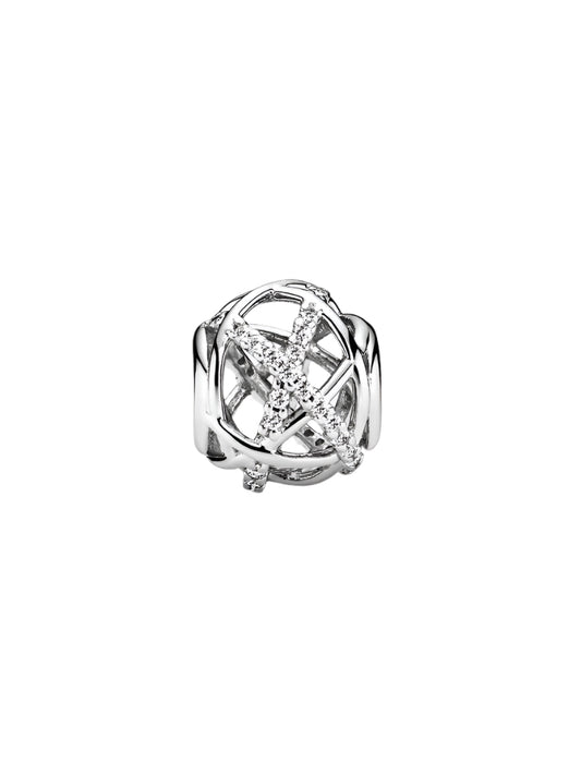 Openwork abstract silver charm with cubic zirconia