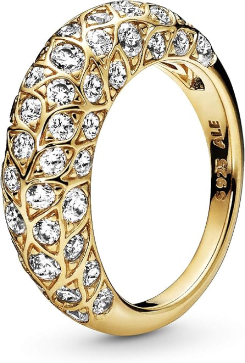 Gold ring with diamond accents on a white background
