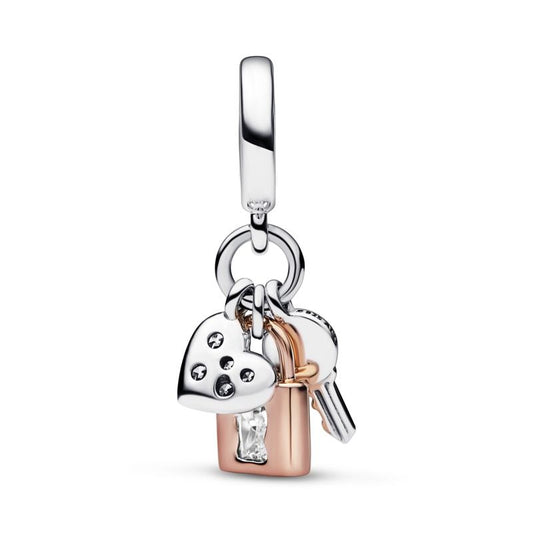 Two-tone Key, Padlock & Heart Triple Dangle Charm