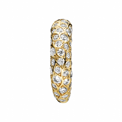 Gold ring with diamond accents on a dark gray background