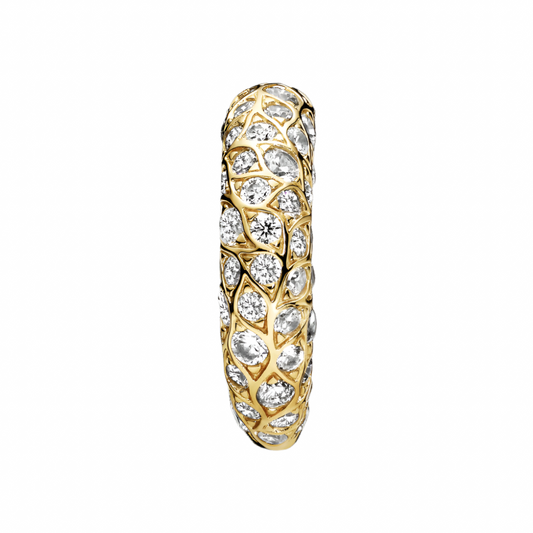 Gold ring with diamond accents on a dark gray background