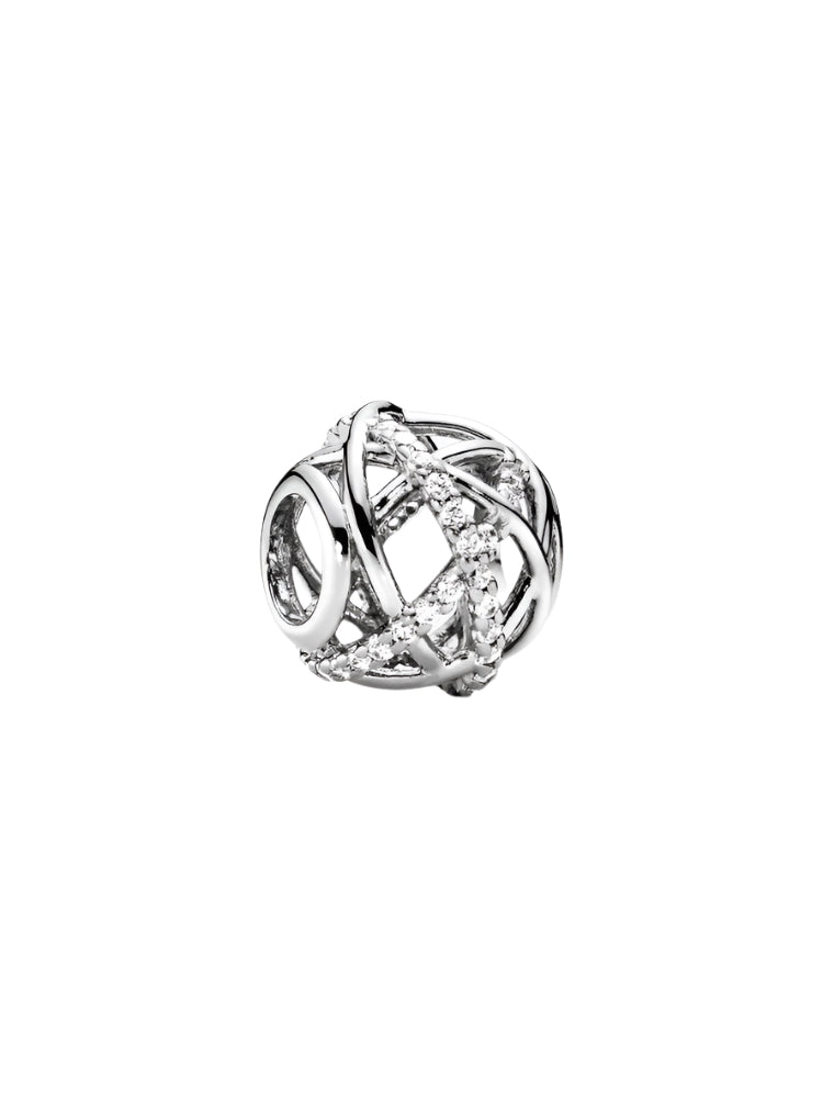 Openwork abstract silver charm with cubic zirconia