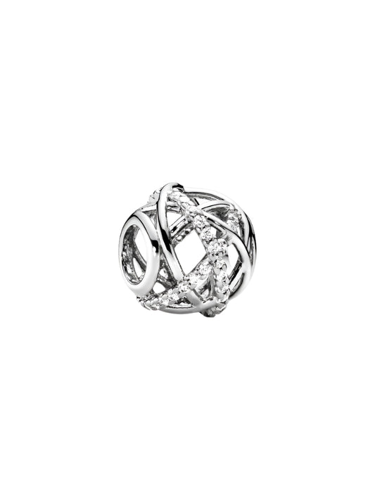 Openwork abstract silver charm with cubic zirconia