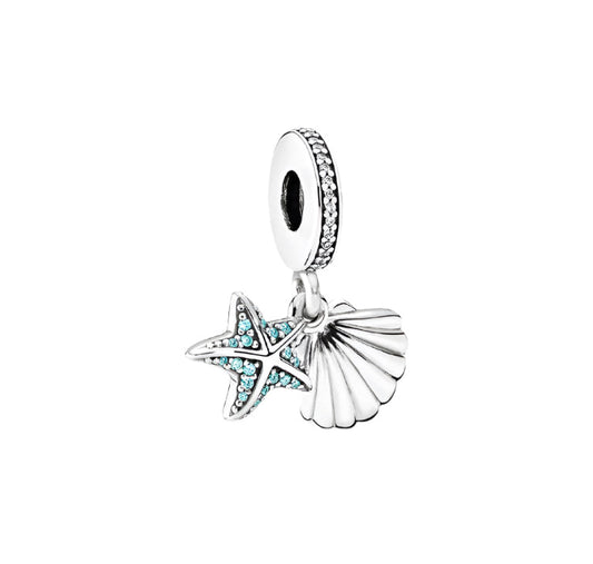 Starfish and shell silver dangle with frosty mint & clear cubic zirconia