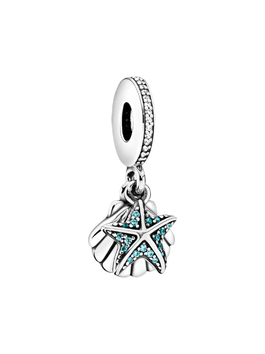 Starfish and shell silver dangle with frosty mint & clear cubic zirconia