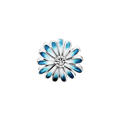 Daisy sterling silver charm with clear cubic zirconia and shaded blue enamel