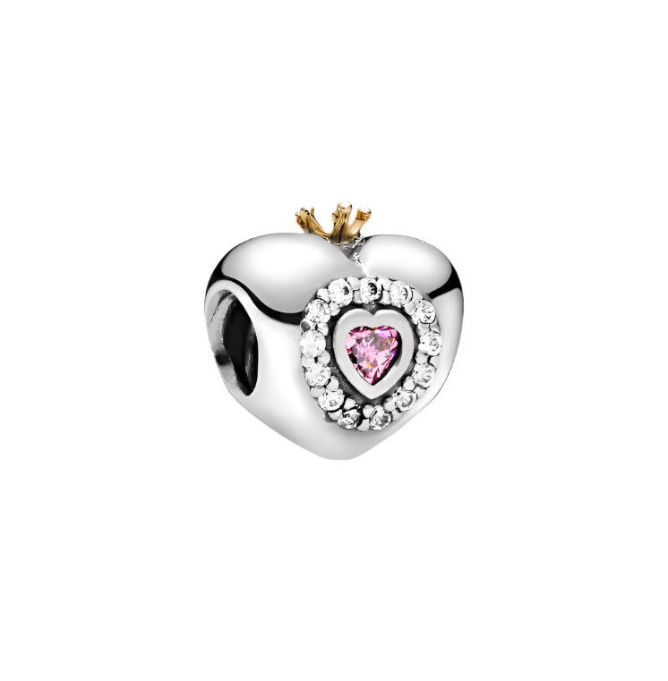 Pink Princess Heart Charm with 14k gold plated crown