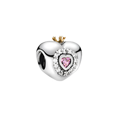 Pink Princess Heart Charm with 14k gold plated crown